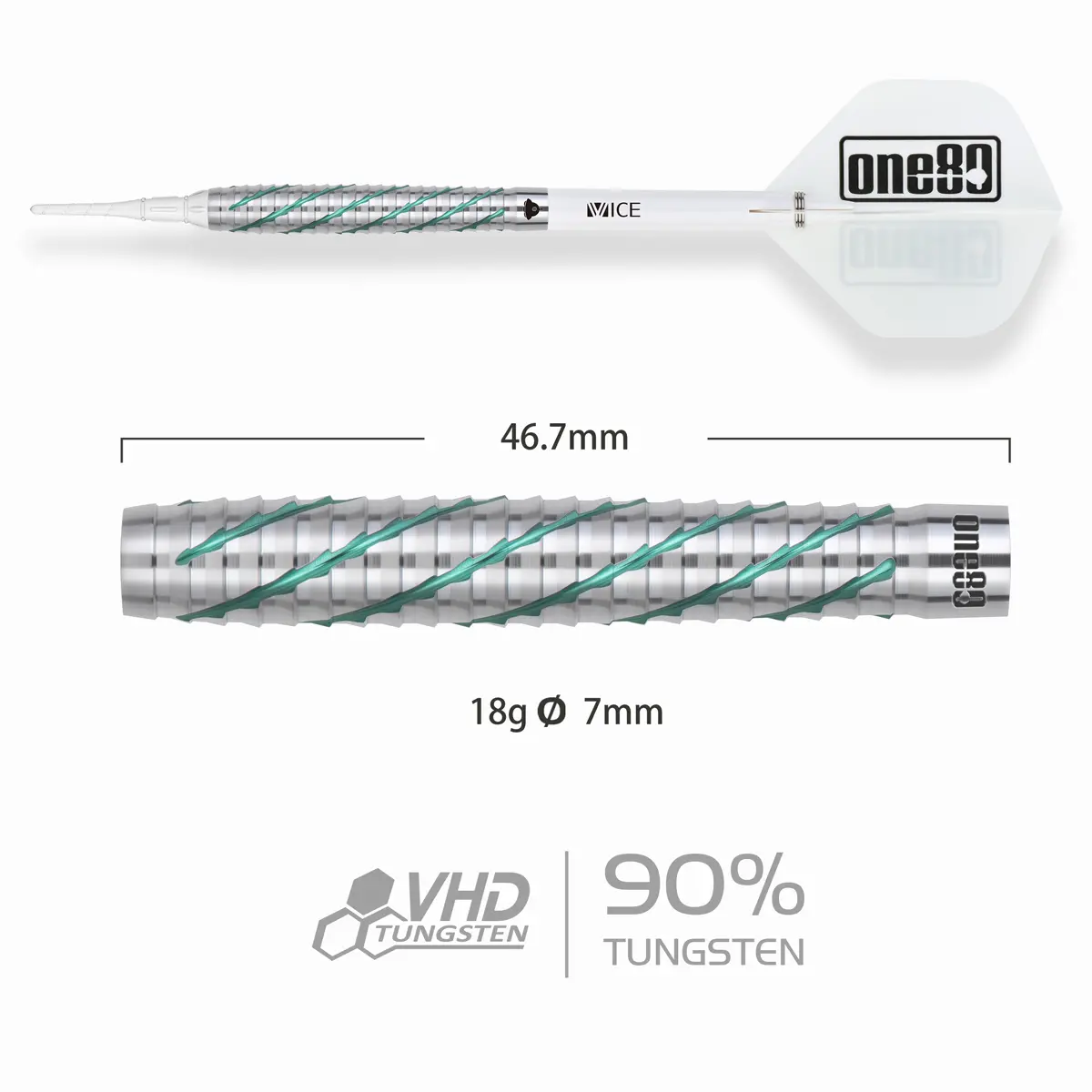 Detailansicht des One80 Akari Tanahara Signature V2 Softdart-Barrels mit Ringgrip und diagonal gefrästem Sharkgrip in Türkis