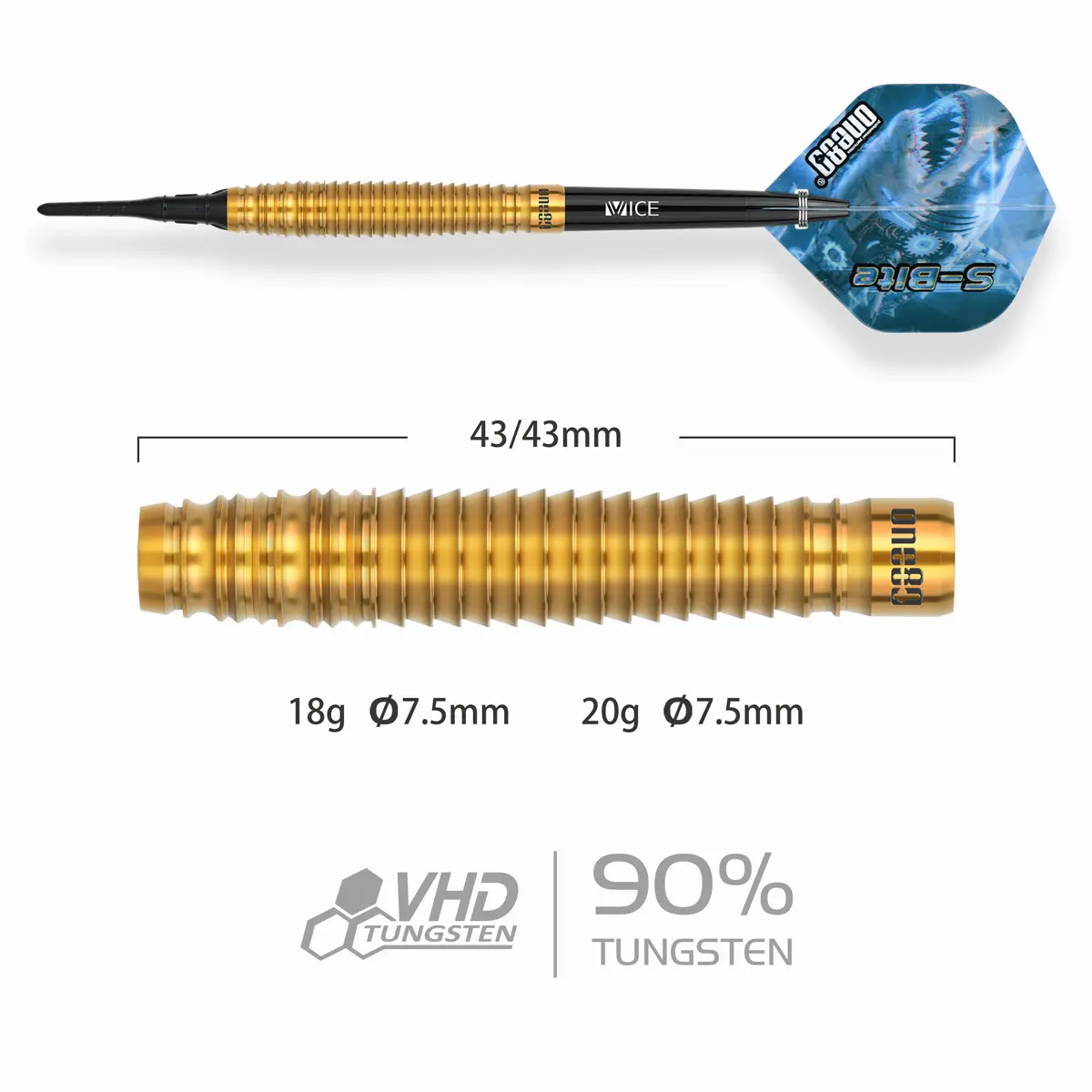 One80 S-Bite S B2 Softdarts Barrel-Details mit Maßangaben 18g und 20g