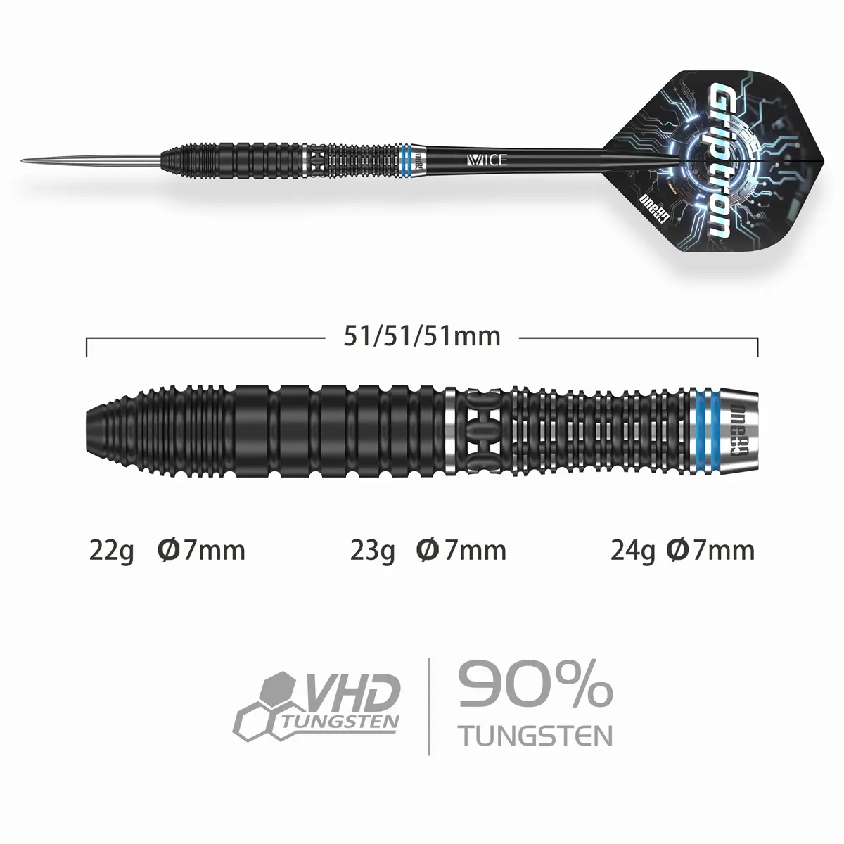 One80 Griptron GT2 Steeldarts Barrelmaße: 51 mm Länge, Ø 7 mm, Gewichte 22 g, 23 g, 24 g – 90% Tungsten