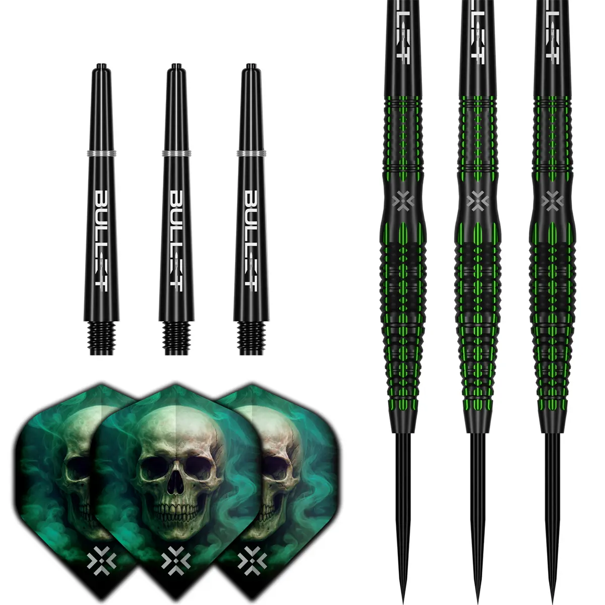 Bullet Poison Steeldarts Komplettset mit schwarzen Shafts und Totenkopf-Flights