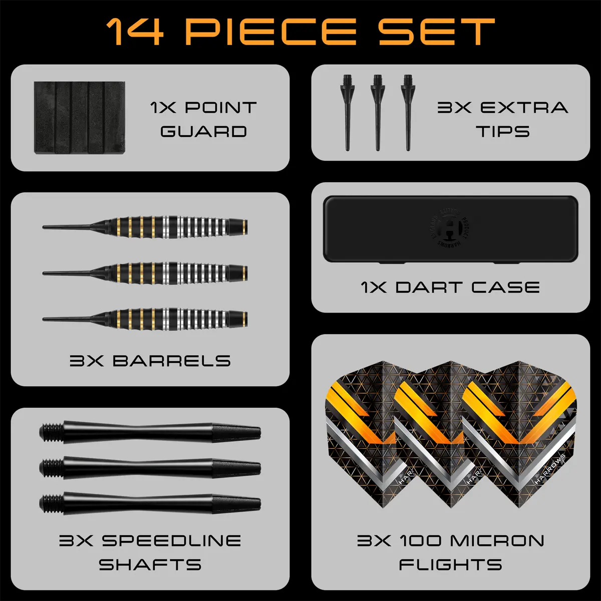 Harrows Vulcan Softdarts Lieferumfang – 14-teiliges Set mit Barrels, Shafts, Flights, Softspitzen, Point Guard und Dartbox.
