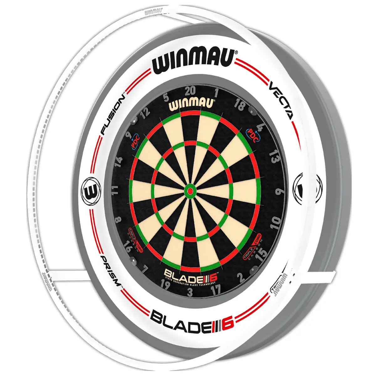 Winmau Plasma ICE Beleuchtung mit weißem Surround – dynamische Ansicht Winmau Plasma ICE Dartboardbeleuchtung mit weißem Winmau Pro Line Surround in dynamischer Ansicht