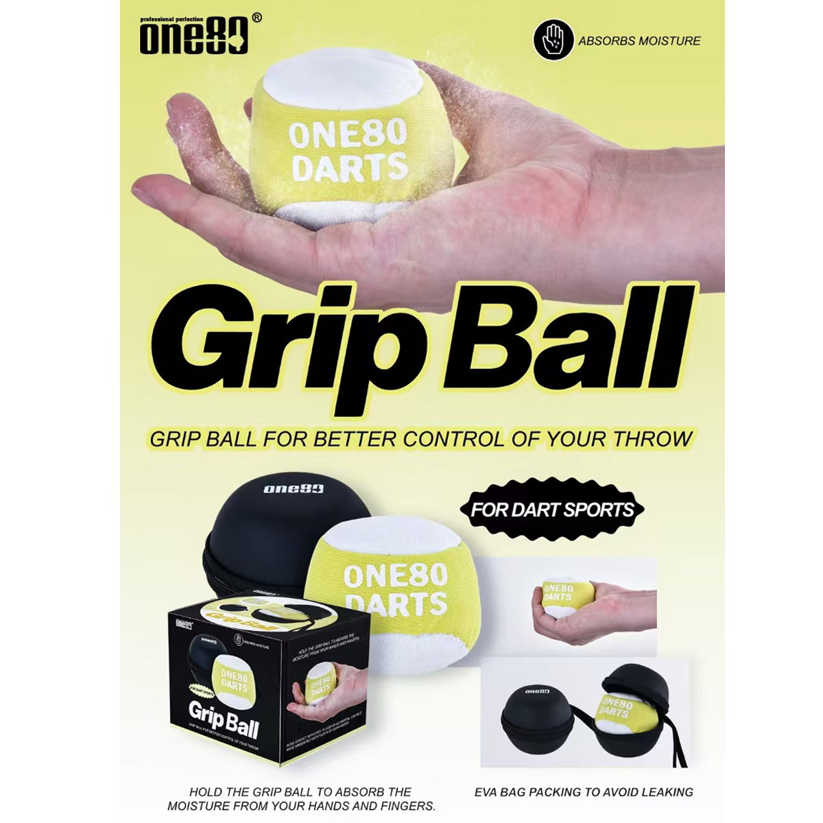 ONE80 Grip Ball Werbemotiv mit Hand, Case und Produktabbildungen