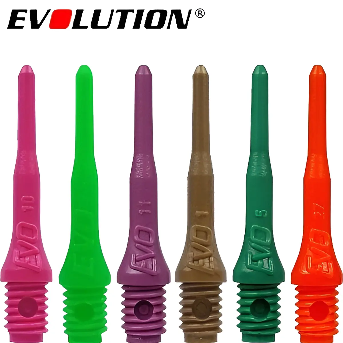 Evolution Softdartspitzen Sortiment – Farben Pink, Neongrün, Lila, Gold, Grün und Neonorange, 22,4 mm mit 2BA Gewinde, langlebige Dartspitzen für Softdarts