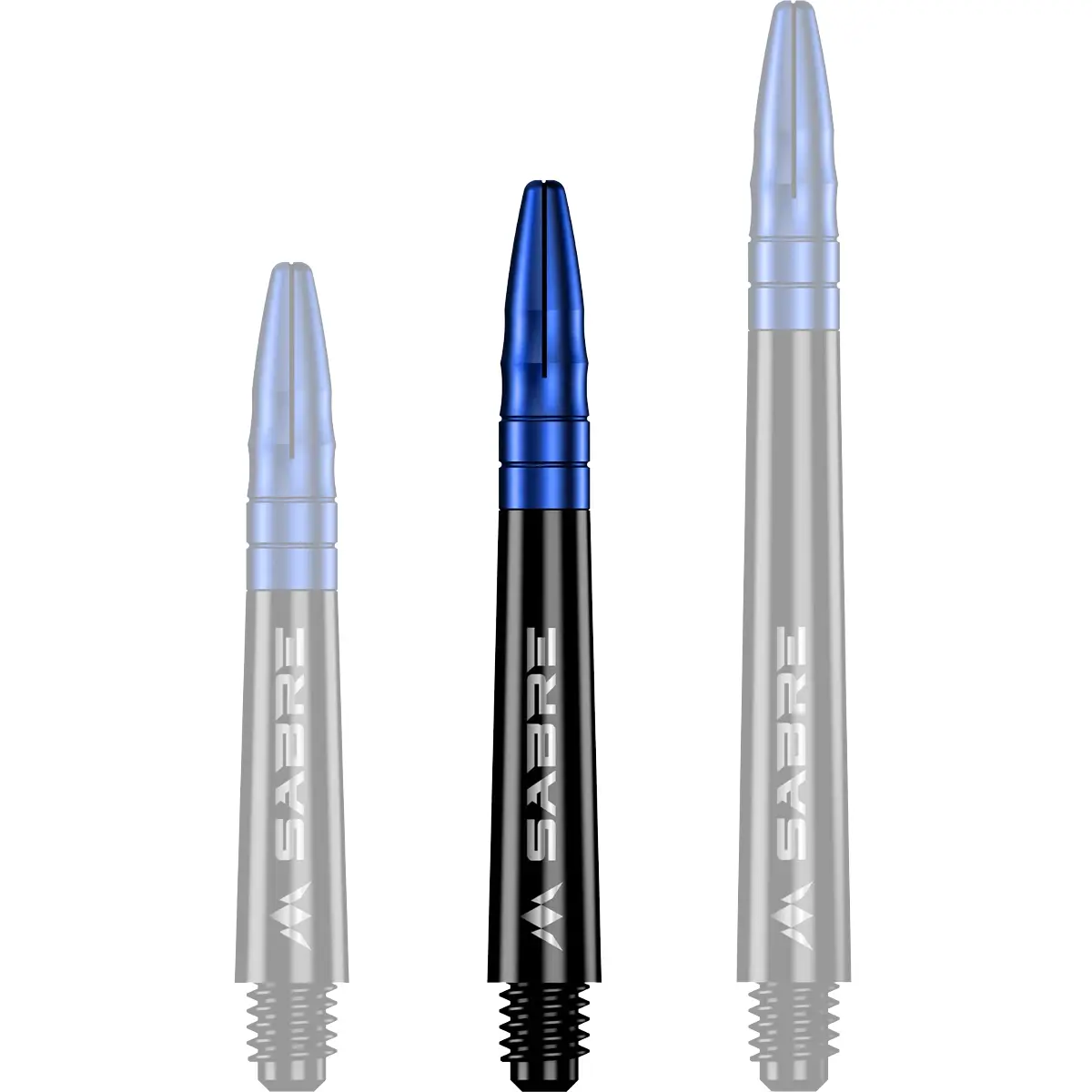 Mission Sabre Dart-Schaft in Schwarz-Blau, Größe Midi. Mittellanger Schaft (Intermediate) mit blauem Top-Segment für ein modernes Dart-Design.