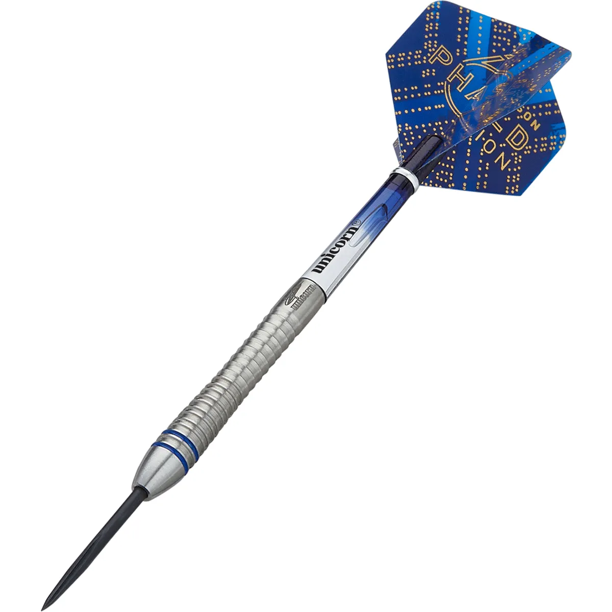 Unicorn Gary Anderson Phase 6 Steeldart dynamische Ansicht mit blauem Barrel Design