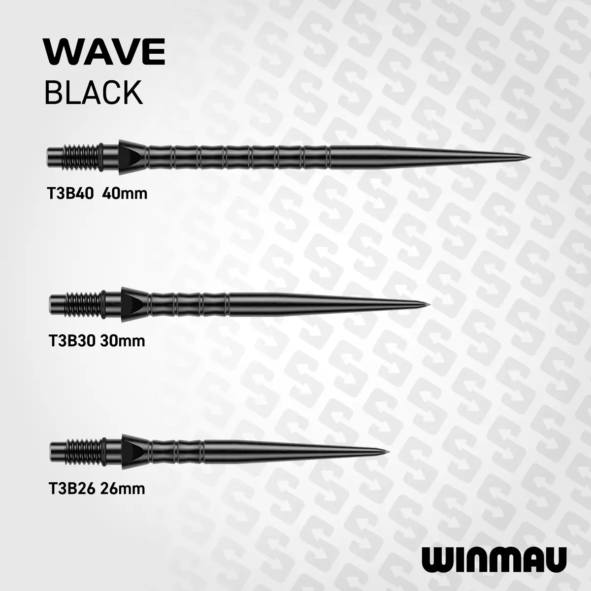 Winmau Switch Point Wave Black Steeldartspitzen in 26 mm, 30 mm und 40 mm Länge ohne Gewinde im direkten Längenvergleich