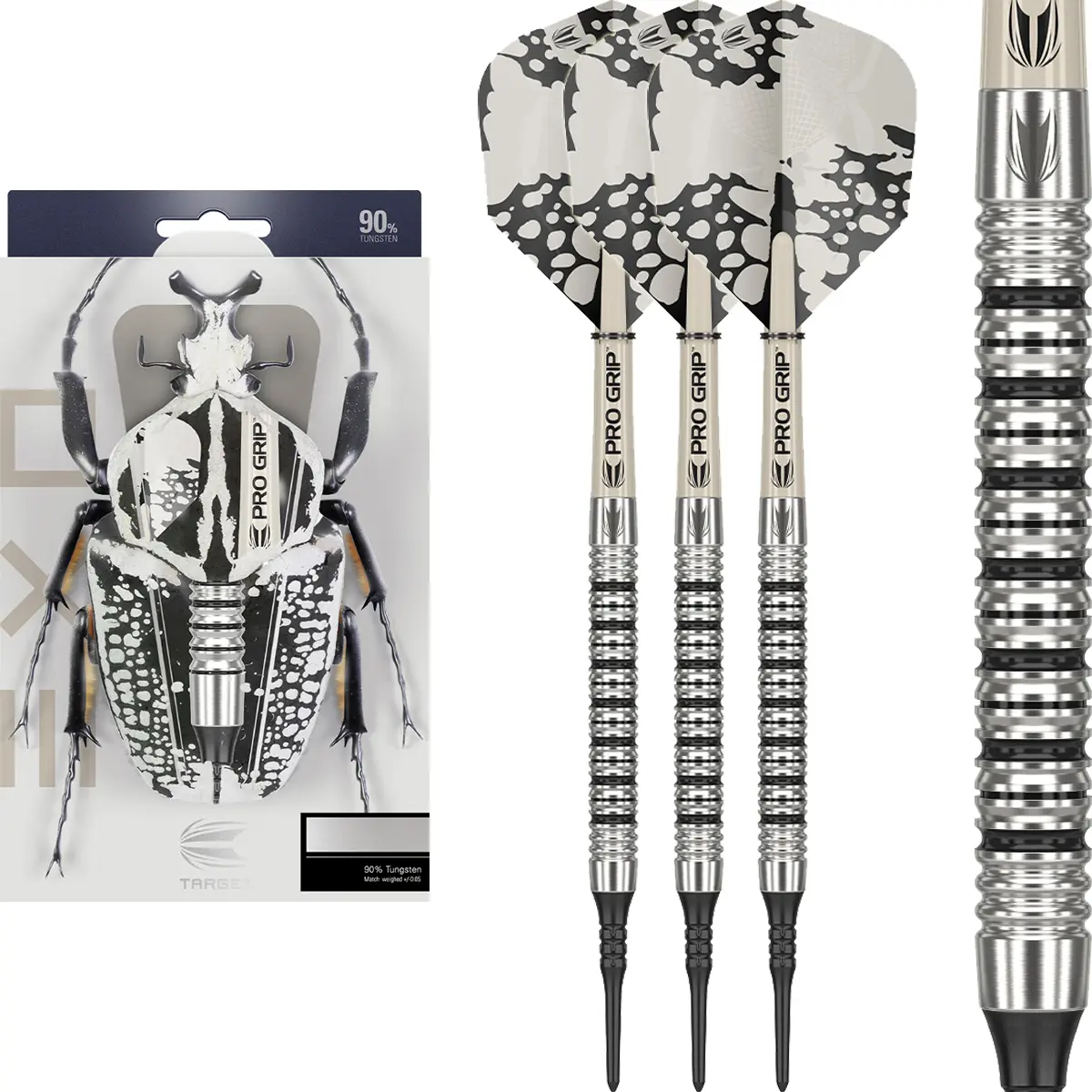 Target EXO 11 Softdarts Komplettset mit 90% Tungsten Barrel, Pro Grip Shafts und schwarz-weißen Flights in Verpackung