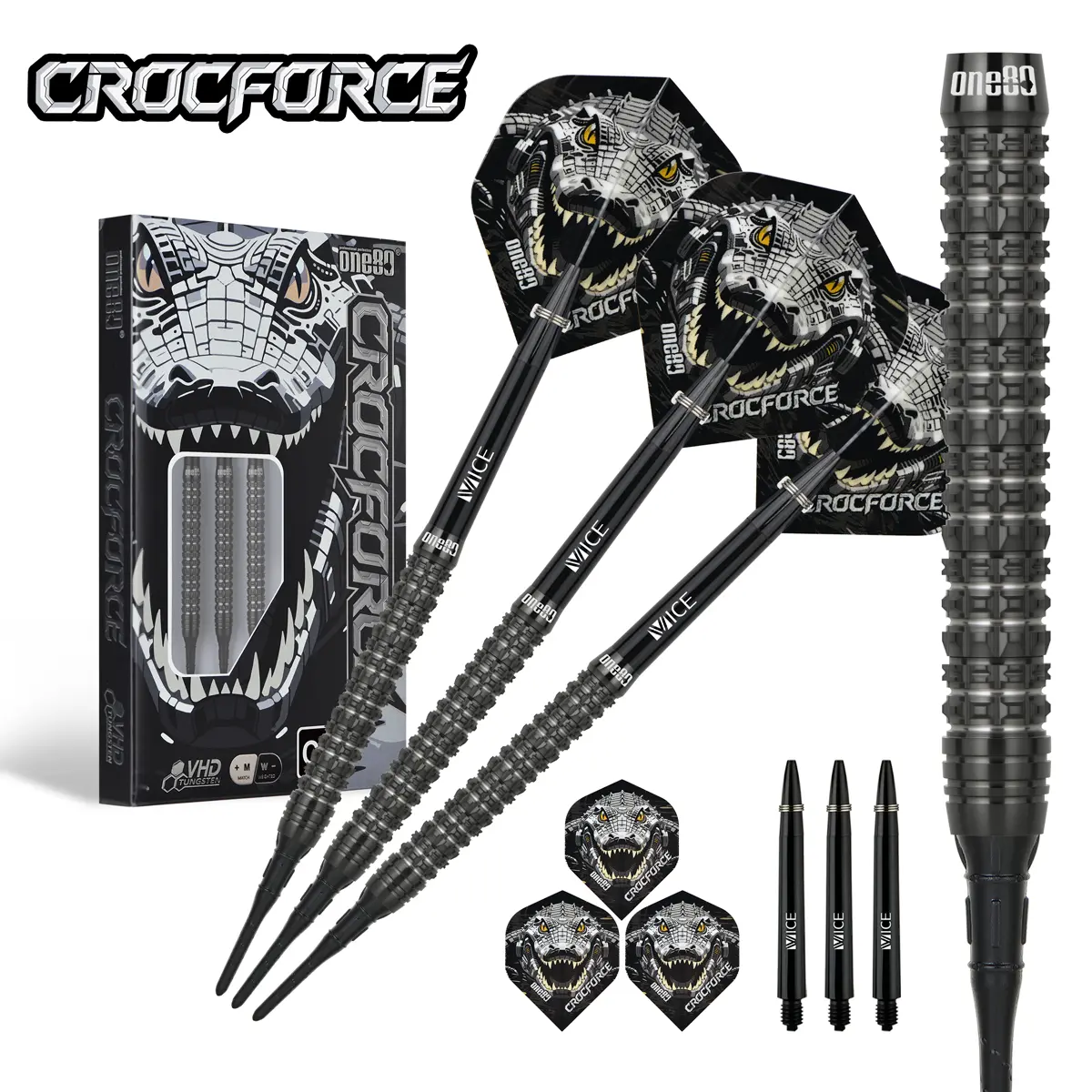 One80 Crocforce CF1 Softdarts – Set mit Verpackung und Zubehör One80 Crocforce CF1 Softdarts mit Verpackung – goldene Tungsten-Barrels mit Flights und Shafts