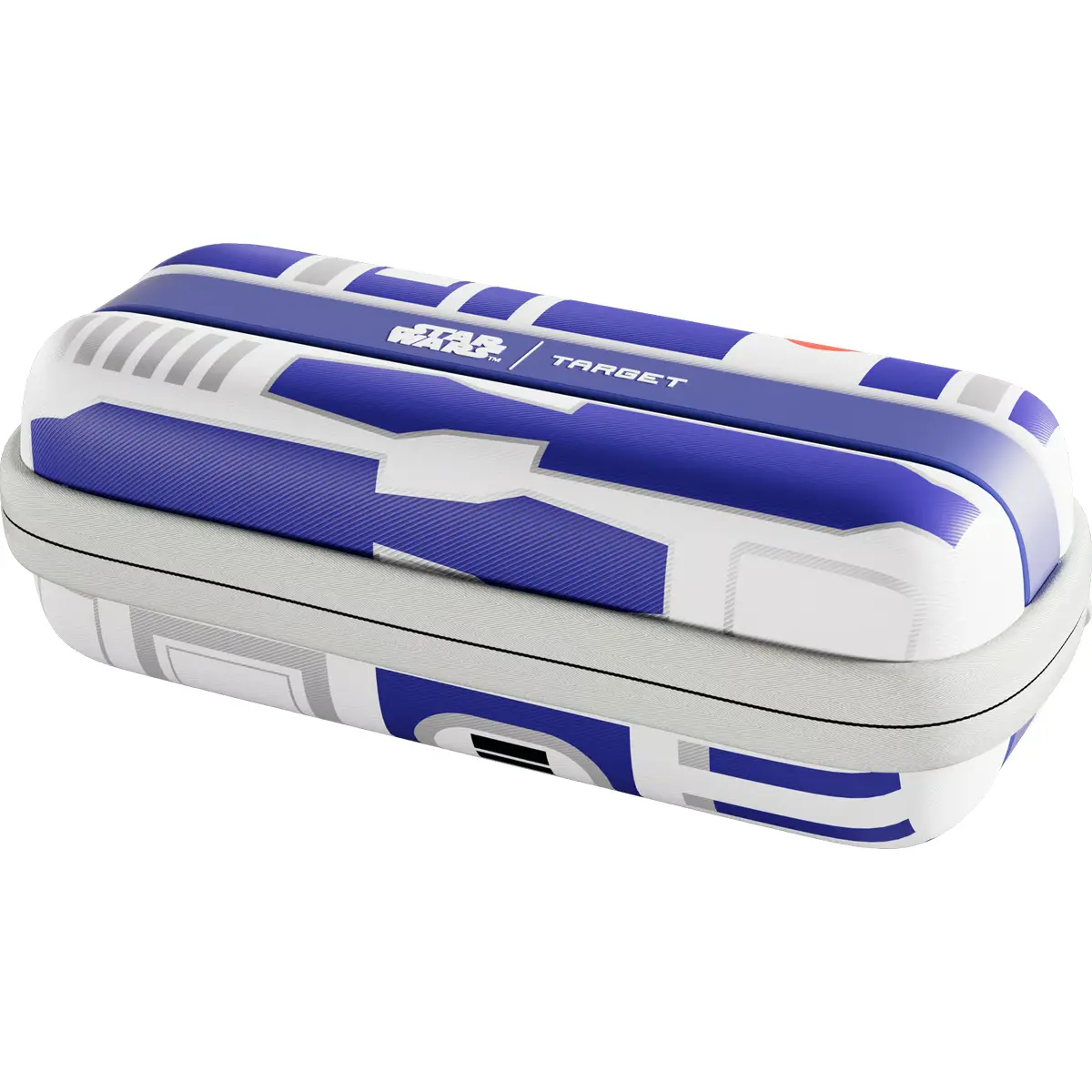 Detailansicht des geschlossenen Target Star Wars R2-D2 BOA Dart Wallets mit Reißverschluss und R2-D2 Design.
