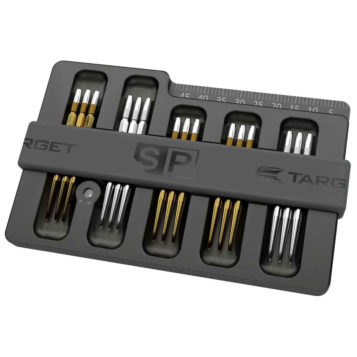Target Swiss Point Safe dynamische Ansicht mit integriertem Swiss Point Tool und Platz für 5 Sätze Dartspitzen