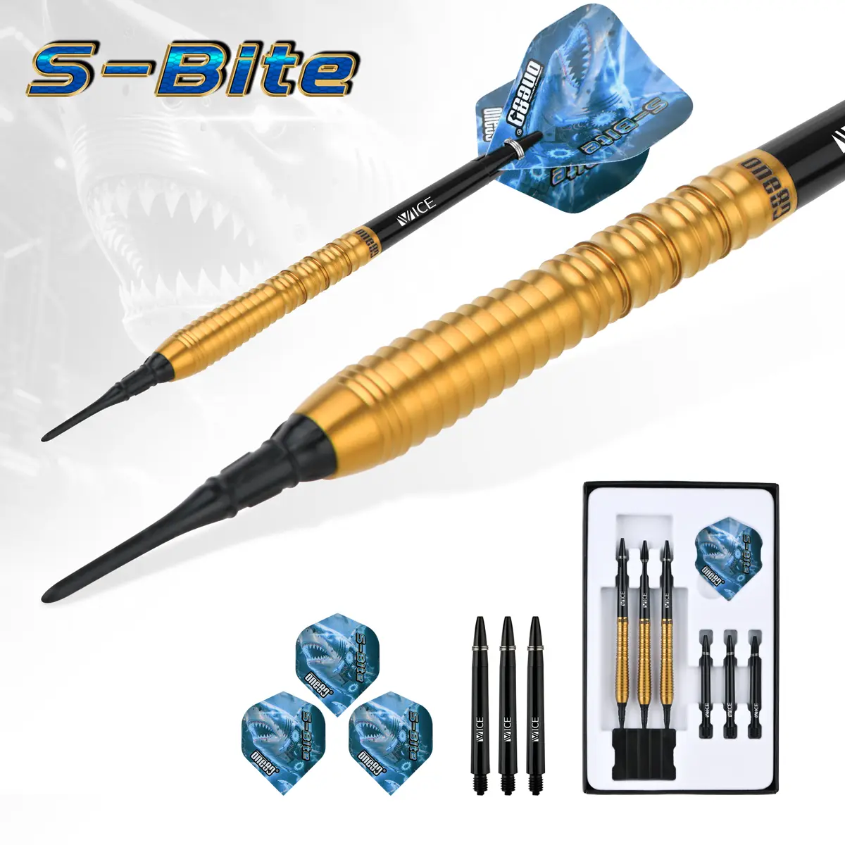 One80 S-Bite S B1 Softdarts mit Verpackung, Shafts und Flights