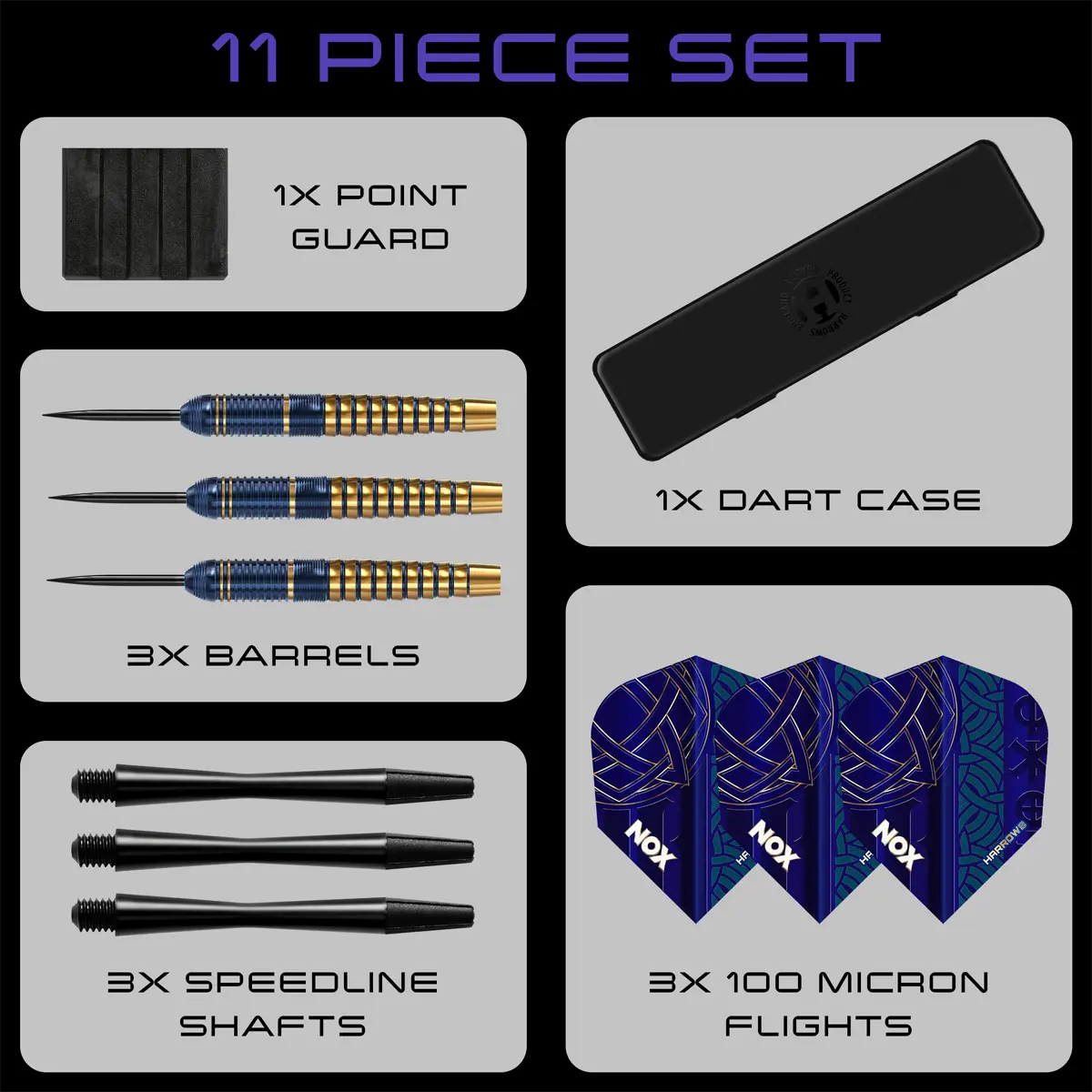 Lieferumfang der Harrows Nox Steeldarts – 11-teiliges Set mit Barrels, Flights, Shafts, Point Guard und Dartcase.