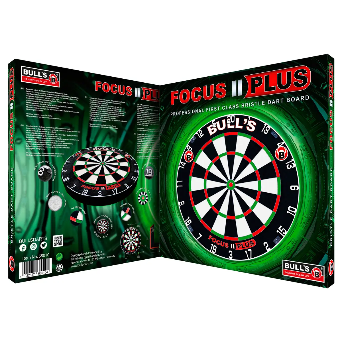 Bull’s Focus II Plus Dartscheibe in Originalverpackung mit grünem Design