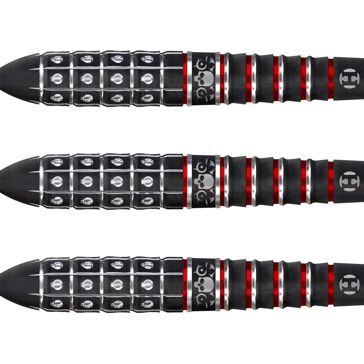 Harrows Ryan Searle Series 3 Steeldarts – Skull-Grip und präzise Fräsung Barrel-Details der Harrows Ryan Searle Series 3 Quick Point Steeldarts mit Skull-Fräsung und roten Ringen