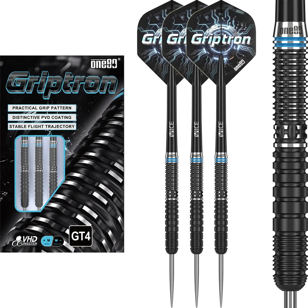 One80 Griptron GT4 Steeldarts in kompletter Ansicht mit montierten Flights