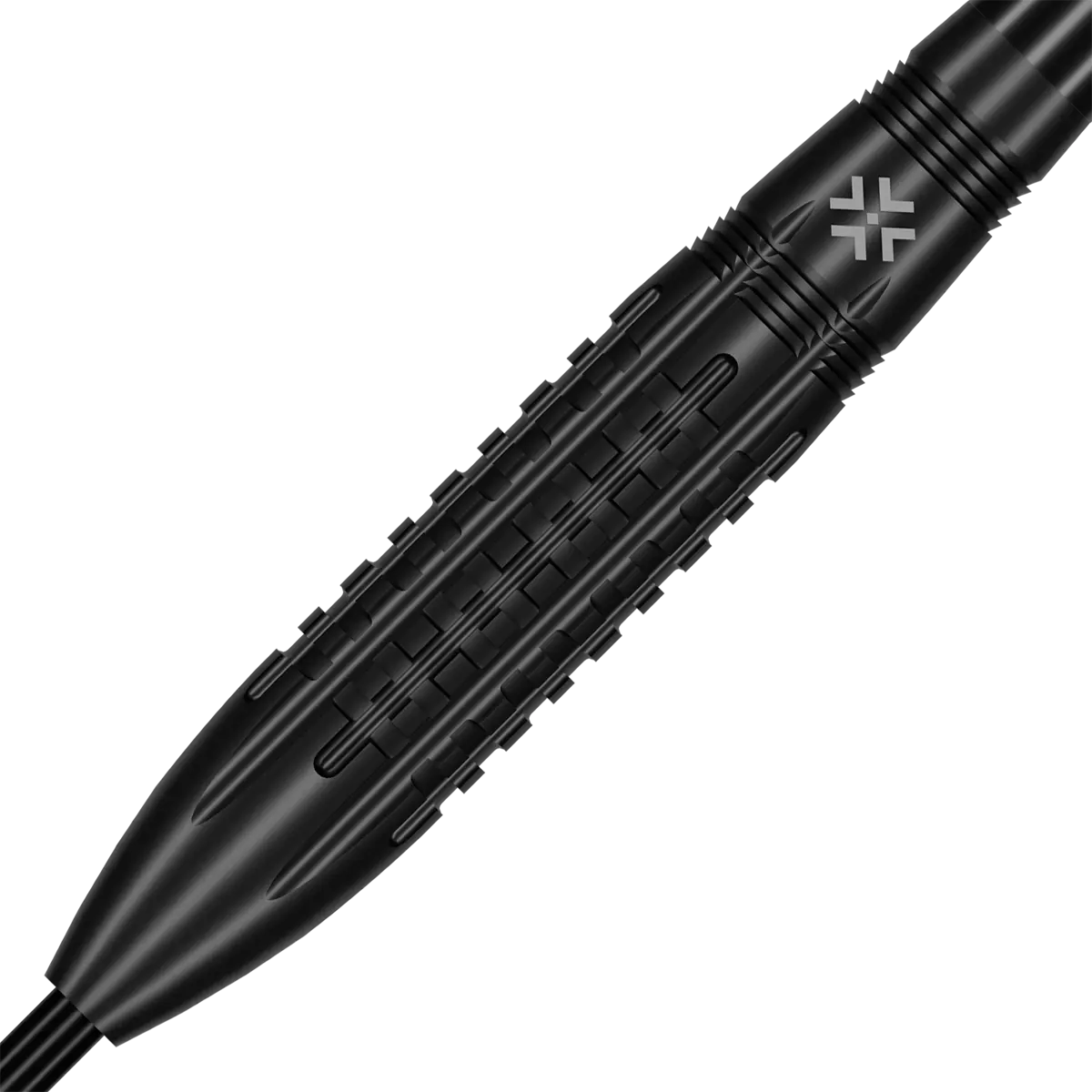 Bullet Cage Steeldarts Barreldetail mit schwarzem Grid-Cut-Grip und Logo