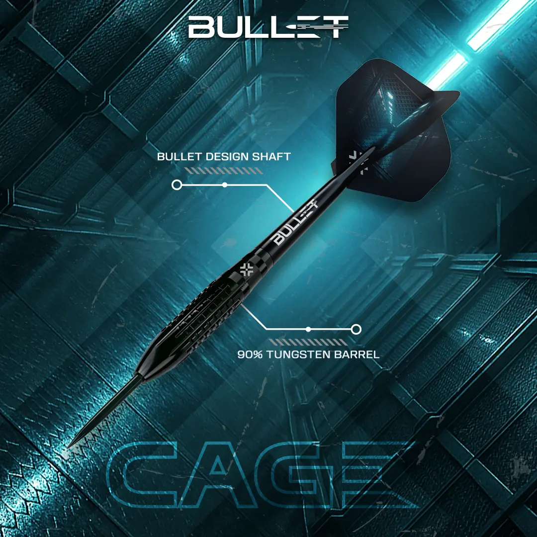 Bullet Cage Steeldarts mit schwarzem 90 % Tungsten Barrel und feinem Grip