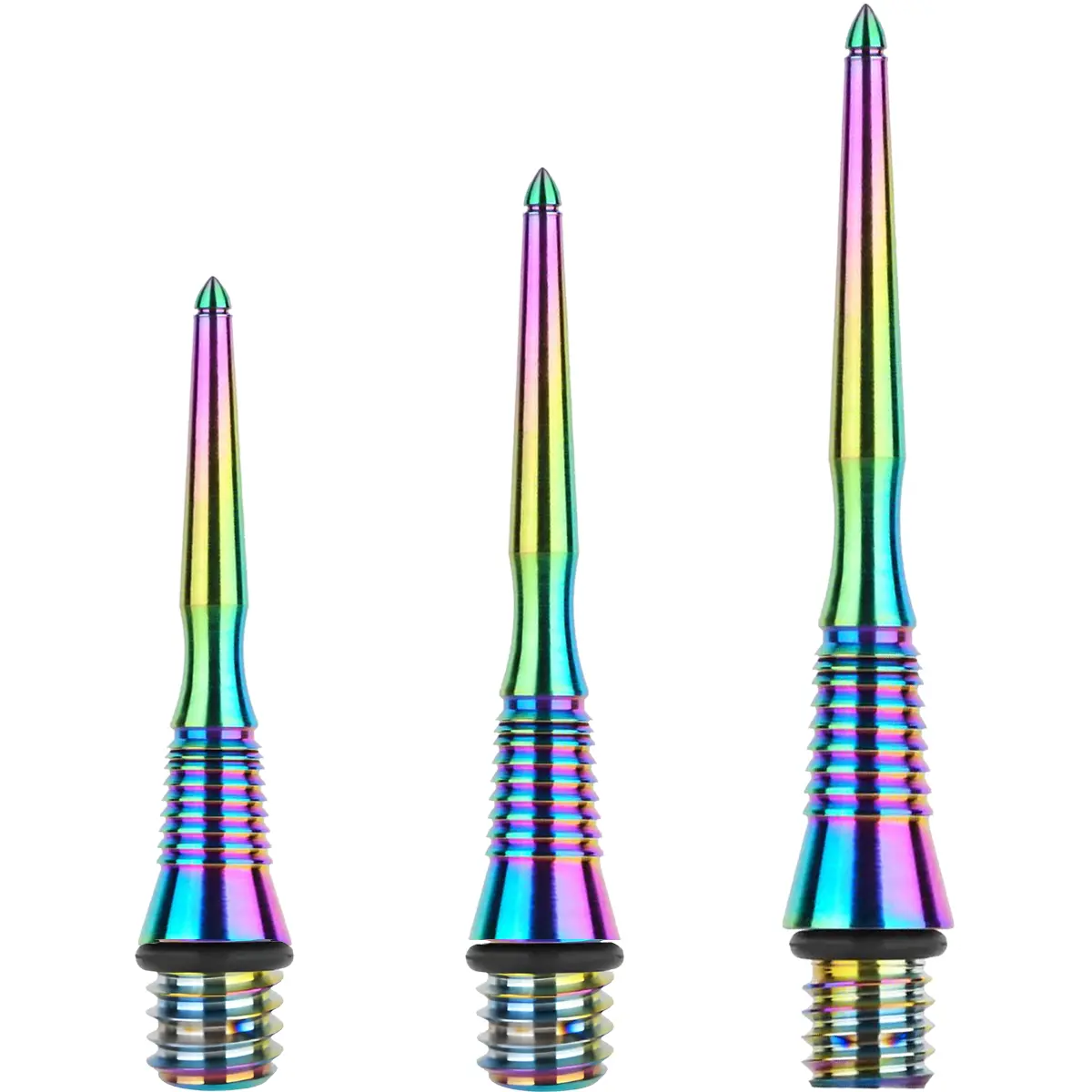 One80 Ti Conversion Point-D Rainbow in 22 mm 26 mm und 30 mm als Titanium Conversion Points mit 2BA Gewinde im Größenvergleich