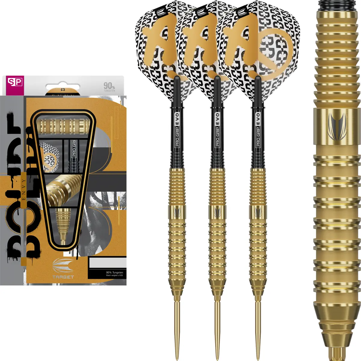 Target Bolide Envy 02 Dartset mit 90% Tungsten Barrels, Swiss Points und Zubehör.