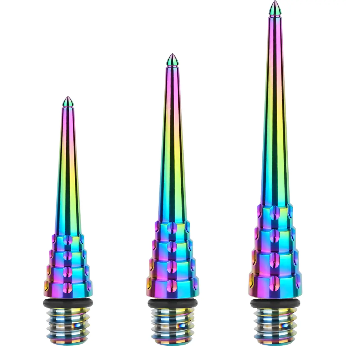 One80 Ti Conversion Point-B Rainbow in 22 mm 26 mm und 30 mm als Titanium Conversion Points mit 2BA Gewinde im Größenvergleich