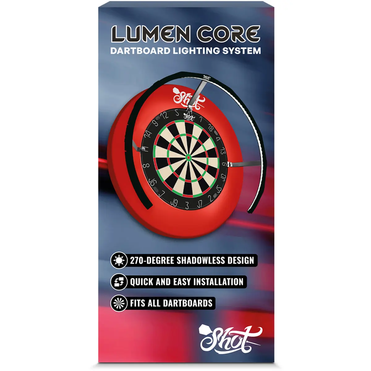 Shot Lumen Core Dartboardbeleuchtung Verpackung mit Produktabbildung und technischen Highlights